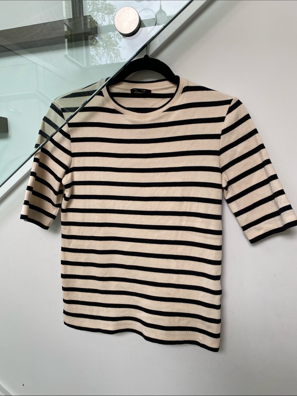 Massimo Dutti Cream and Black Striped Crewneck Tee